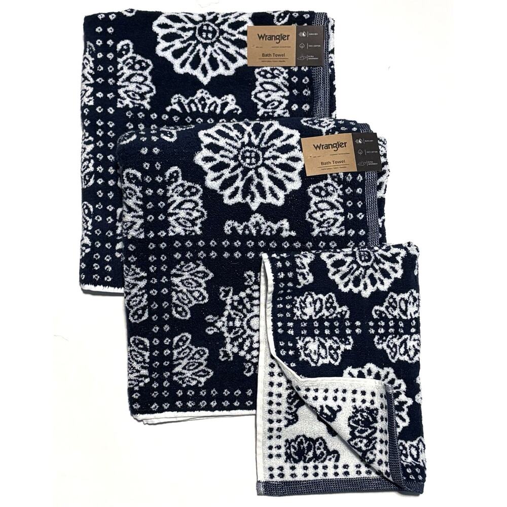 Wrangler Bath Hand Towels Bandana Blue Set Of 3 Pcs Floral White Flowers NWT